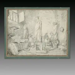 Hubert Robert, Atelier des Bildhauers Bartolomeo Cavaceppi (1716 – 1799) in Rom, 1765, Schwarze Kreide auf Bütten