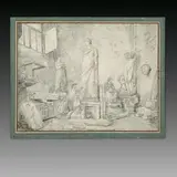Hubert Robert, Atelier des Bildhauers Bartolomeo Cavaceppi (1716 – 1799) in Rom, 1765, Schwarze Kreide auf Bütten