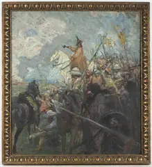 Viktor Oliva, Hussite Army, Around 1924, oil on cardboard