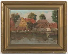 Václav Kozák, Houses by the Pond, First half of 20th century, oil on cardboard