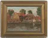 Václav Kozák, Houses by the Pond, First half of 20th century, oil on cardboard