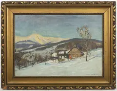 František Cína Jelínek, Winter Village, First half of 20th century, oil on canvas on plywood