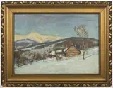 František Cína Jelínek, Winter Village, First half of 20th century, oil on canvas on plywood