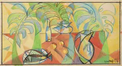 Bohumír Matal, Still Life with Fish and Pitcher, 1957, pencil, coloured pencils, paper
