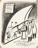 Oldřich Jelínek a Adolf Born, Three Cartoons, 1950s, indian ink, charcoal, paper