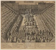 Session of the London Parliament - Verdict on Earl Stafford by Wenceslaus Hollar, 1643, copper engraving, paper, sold Mar 2025