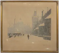 Tavík František Šimon, Ice Rink Under the Charles Bridge, 1917, etching, paper