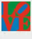 Robert Indiana, Love and Love Poem (2), 1996, Color screenprint on Coventry Archival Rag paper; mixed-media debossment and color screenprint on Coventry Rag paper