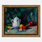 Hugh Henry Breckenridge, Still Life with Carafe and Fruit, oil on canvas in Badura frame