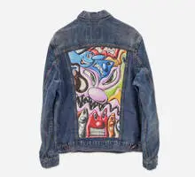 Levi's Trucker Jacket by Kenny Scharf, 2011, screenprint on cloth, denim, sold Nov 2022