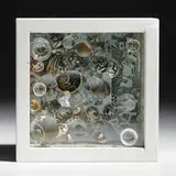 Mary Bauermeister, In Memory of Raw Umber, 1966, ink, offset print, glass, glass lens, wooden sphere, stones and painted wood construction