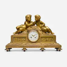 Jean-Jacques Feuchère, Mantel clock with putti, gilt bronze, glass, enameled metal