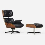 Northfield Metal Products, Lounge chair and ottoman, c. 1975, rosewood, leather upholstery, enameled and brushed aluminum, rubber