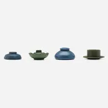 Marblehead Pottery, Collection of four desktop accessories, c. 1920, glazed earthenware, glass