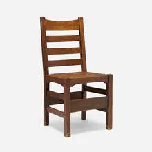 Chair, model 352 by Gustav Stickley, c. 1907, oak, leather, sold Mar 2026