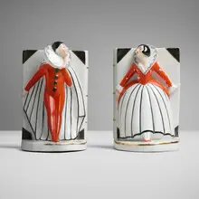 Art Déco, Pierrot and Pierrette bookends, pair, c. 1930, painted porcelain