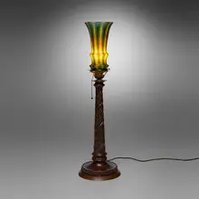 Durand, Ribbed shade on Art Nouveau-style table lamp base, c. 1920, blown glass, carved wood, handwrought copper