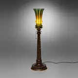 Durand, Ribbed shade on Art Nouveau-style table lamp base, c. 1920, blown glass, carved wood, handwrought copper