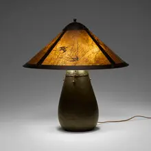Lillian Palmer, Table lamp, handwrought patinated copper, stenciled mica