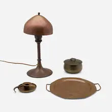 Collection of four tabletop articles by Roycroft, c. 1920, handwrought copper, sold Mar 2026