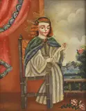 Cuzco School, Untitled, holding a drop spindle Oil on canvas 39 x 29cm