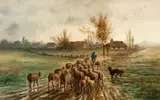 Franz Lesshafft, Pastoral Landscape with Shepherd and Flock, watercolor