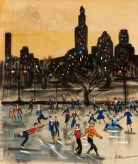 John Haymson, Ice Skating in Central Park at Night, c.1950s, gouache on silk