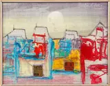 Moon Rising over City by Raúl Pavlotzky, mixed media and collage on canvasboard, offered Feb 2022