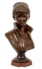 Bust of an Elegant Maiden, c.early 20th century, cast and patinated by after Cesar Constantino Ceribelli, bronze bust on marble base, cast signature to back of shoulders, height 20.5 inc, offered Dec 2021