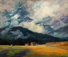 (German 1878 - 1955) , Small Village Near The Matterhorn, 1930's by Joan Anacker, oil on wood panel, offered Dec 2021