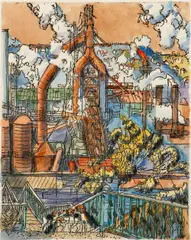 J & L Steelmill by Henry Koerner, 1971, etching with hand coloring, offered Dec 2021