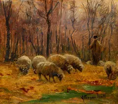 Sheep and Shepherd in Autumn, undated by Alfred Bryan Wall, oil on wood panel, offered Dec 2021