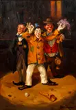 Giuseppe Antonini, Three Clowns Centerstage, oil on canvas