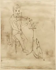 Gottfried Brockmann, Man with Violin and Dog, c.1930, etching on paper, initialed in the