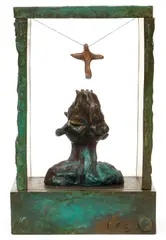 Bird King inside a Fitted Vitrine, cast by Bob La Bobgah, bronze, brass, copper, and glass vitrine, offered Dec 2021