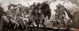 Warriors on Horseback print, with writing and inscription in black by Yong Xu, ink by the artist to Western PA art collector Chuck Booth, offered Dec 2021