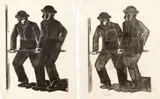 Hanns Kralik, Pair of Linocuts: Two Workers, in two states, c.1932, linocuts on laid paper, one is signed at bottom and this one also has a small