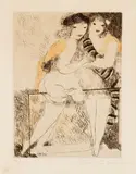 Marie Laurencin, Two Girls on Balcony, undated, color, etching on paper