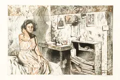 Ruth Weisberg, Giacometti's Room, 1989, etching and aquatint printed in colors, pencil