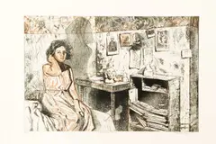 Ruth Weisberg, Giacometti's Room, 1989, etching and aquatint printed in colors, pencil