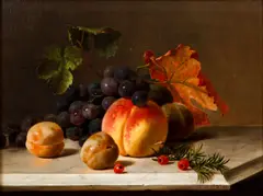 Emil Foerster, Still Life with Peach, Grapes, Strawberries, and Plums, 1863, oil on wood panel