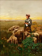 Rudolf Wilhelm Auguste Lehmann, The Shepherdess Knitting in a Field, 1892, oil on canvas