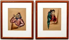 Issachar Ber Ryback, Pair of Portrait Paintings of Village Women, gouache on paper, apparently