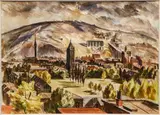Panorama of an American Town, (possibly Lower Burrell, Pittsburgh suburbs), 1950's by Harry Herman Wickey, watercolor, offered Oct 2021
