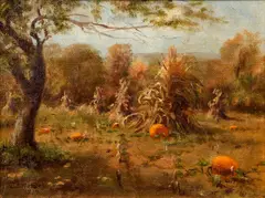 The Pumpkin Patch by Lila Hetzel, 1919, oil on canvas, laid down on board, offered Oct 2021