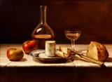 Albert Francis King, (American/Western PA, 1854-1945), Still Life with Cheese, Apples, Wine and Bread, undated