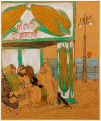 Hot Corn by Koerner, circa 1945, ink, chalk and casein on tan paper, offered Oct 2021