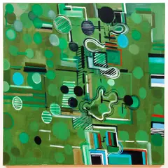 Lydia Dona, MOLECULAR MODELS AND FIELDS OF SYNTHESIS AROUND THE MILD GREEN OF ABSENCE, 1987, oil and acrylic on canvas