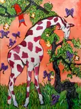 Pink Giraffe with Purple Butterflies; Date: by Marie Tuicillo Kelly, 1986, tempera on paper, Dimensions:, offered Oct 2021