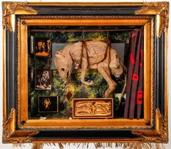La Cirque de La Loba, 1980's, elaborate by Bob La Bobgah, mixed media shadow box with photographs, clay objects, gilded, offered Oct 2021